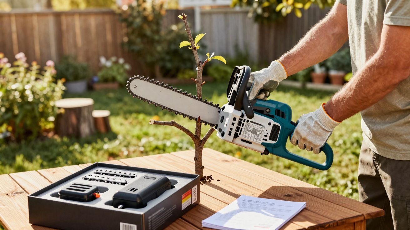 Pessoa usando motosserra para cortar galho de planta pequena em mesa de madeira no jardim.