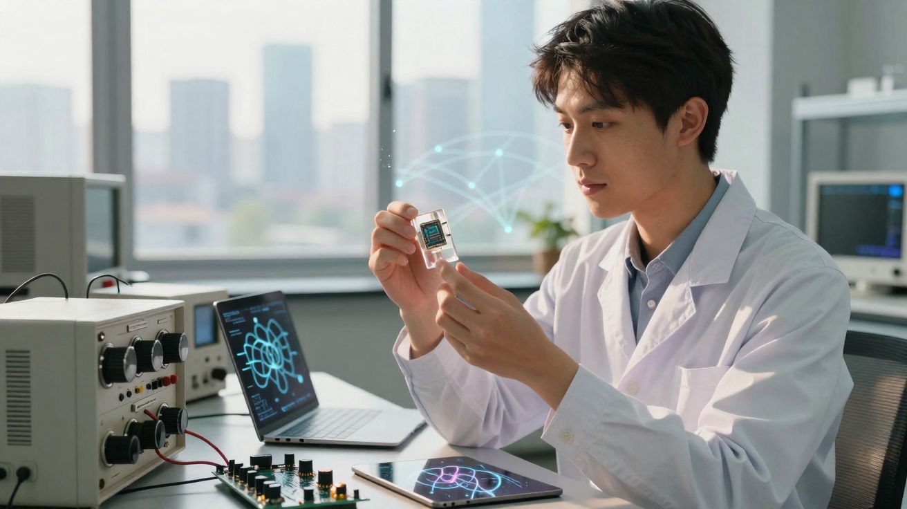 Homem em jaleco branco analisando chip eletrônico em laboratório com equipamentos e telas digitais ao redor.