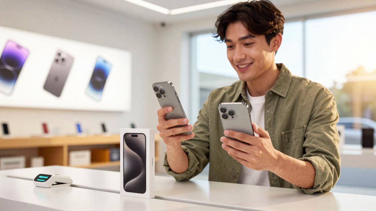 Homem sorrindo segurando dois celulares novos em loja de eletrônicos moderna.