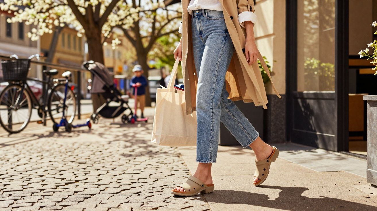 Pessoa caminhando na calçada com bolsa de tecido, usando jeans, casaco bege e sandálias.