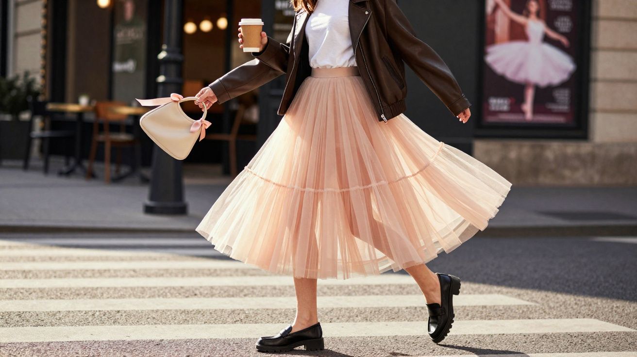 Mulher caminhando na faixa de pedestres com saia rodada rosa, jaqueta marrom, bolsa bege e café na mão.