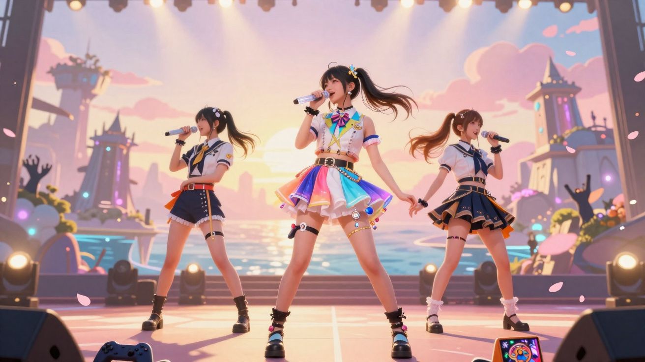 Três jovens cantoras animadas em um palco ao pôr do sol com roupas coloridas e multidão ao fundo.