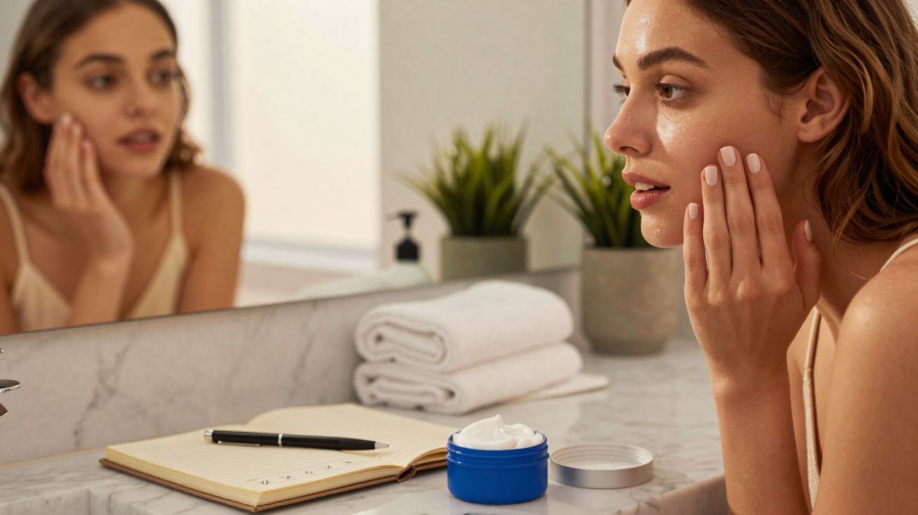 Mulher aplicando creme no rosto em frente ao espelho em banheiro com toalhas e caderno na bancada.