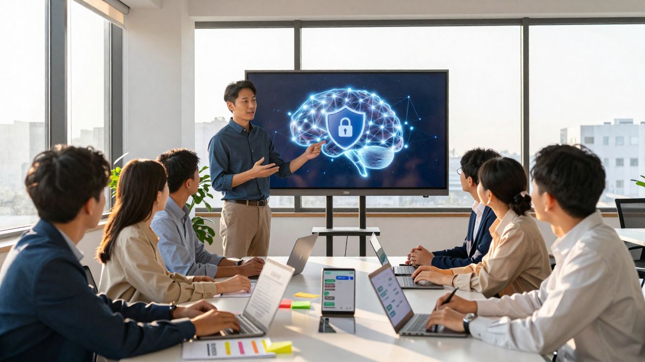 Reunião de negócios com seis pessoas discutindo segurança cerebral em apresentação digital na sala de conferências.