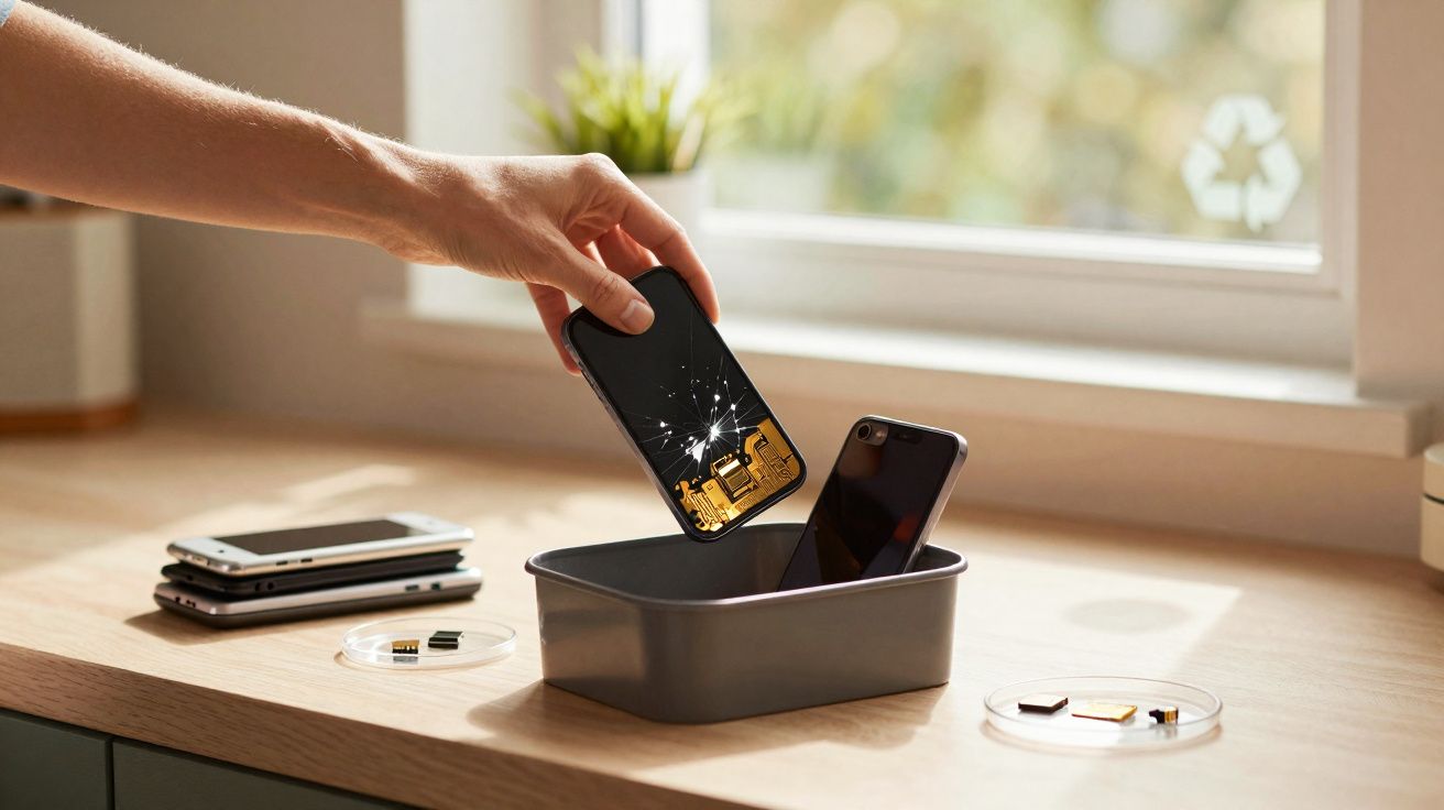 Pessoa descartando celular com tela trincada em lixeira, com outros celulares e peças eletrônicas sobre mesa.