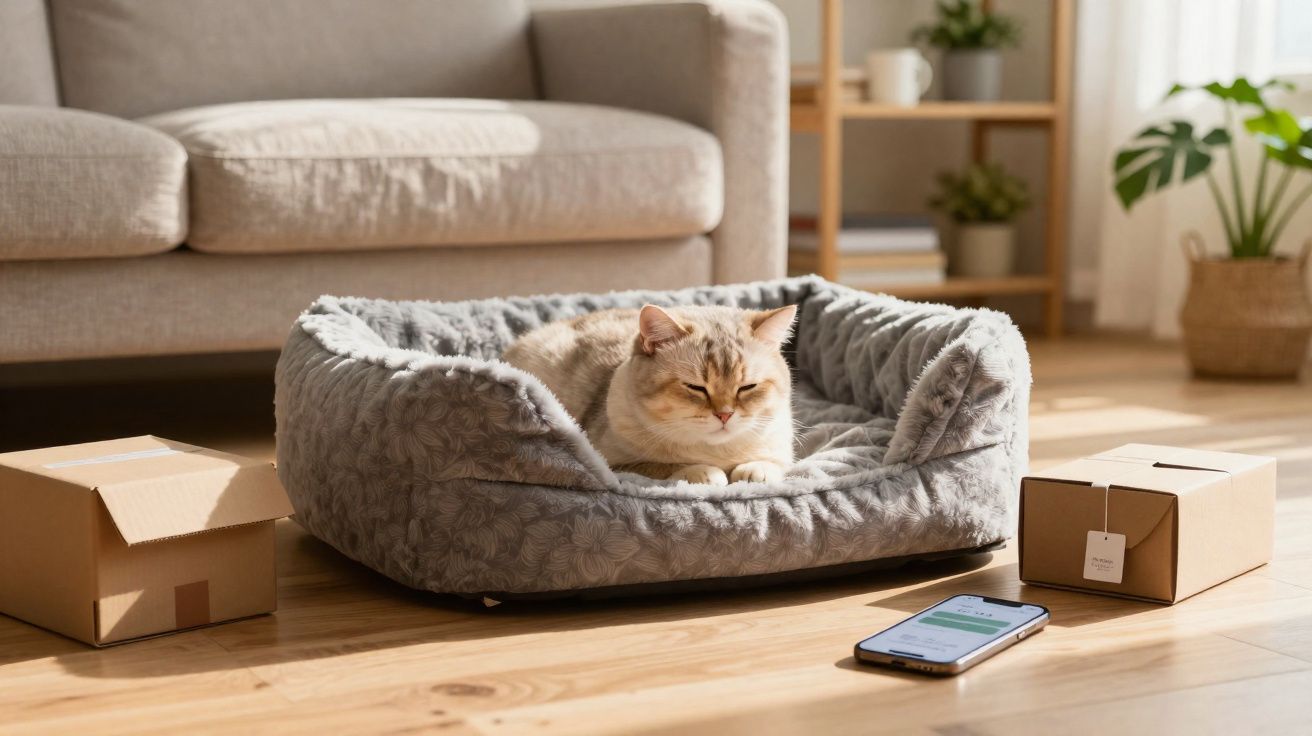 Gato descansando em cama cinza no chão de sala com sofá, caixas de papelão e celular próximo.