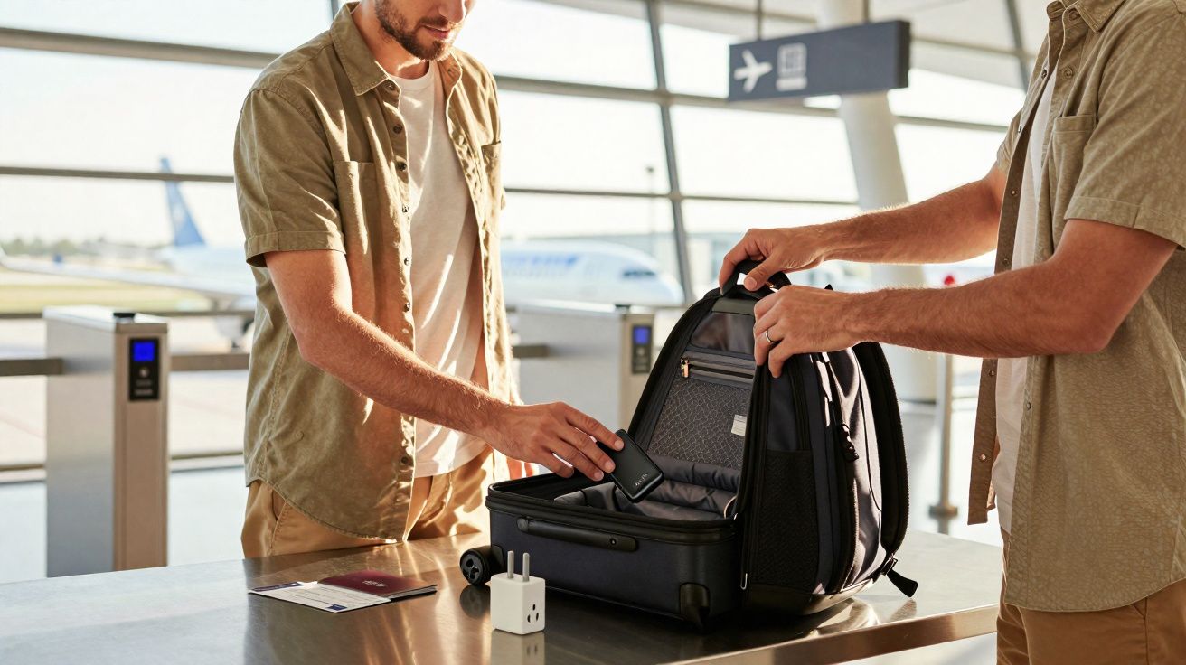 Homem insere dispositivo eletrônico em mochila preta na área de embarque de aeroporto.