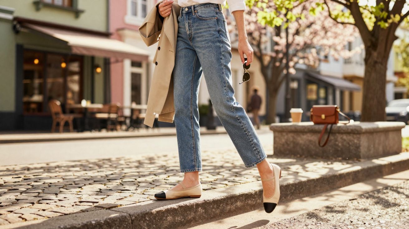 Pessoa vestindo calça jeans, blusa branca e sapatos bicolores caminhando na calçada ensolarada.