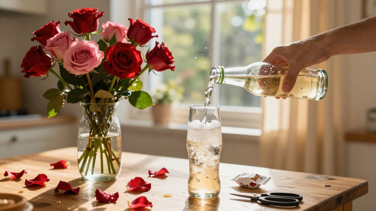 Mão servindo bebida gaseificada em copo com vaso de rosas vermelhas e rosas sobre mesa de madeira.