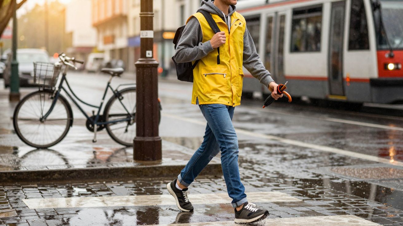 Homem de jaqueta amarela e mochila caminhando em rua molhada com bicicleta e bonde ao fundo.