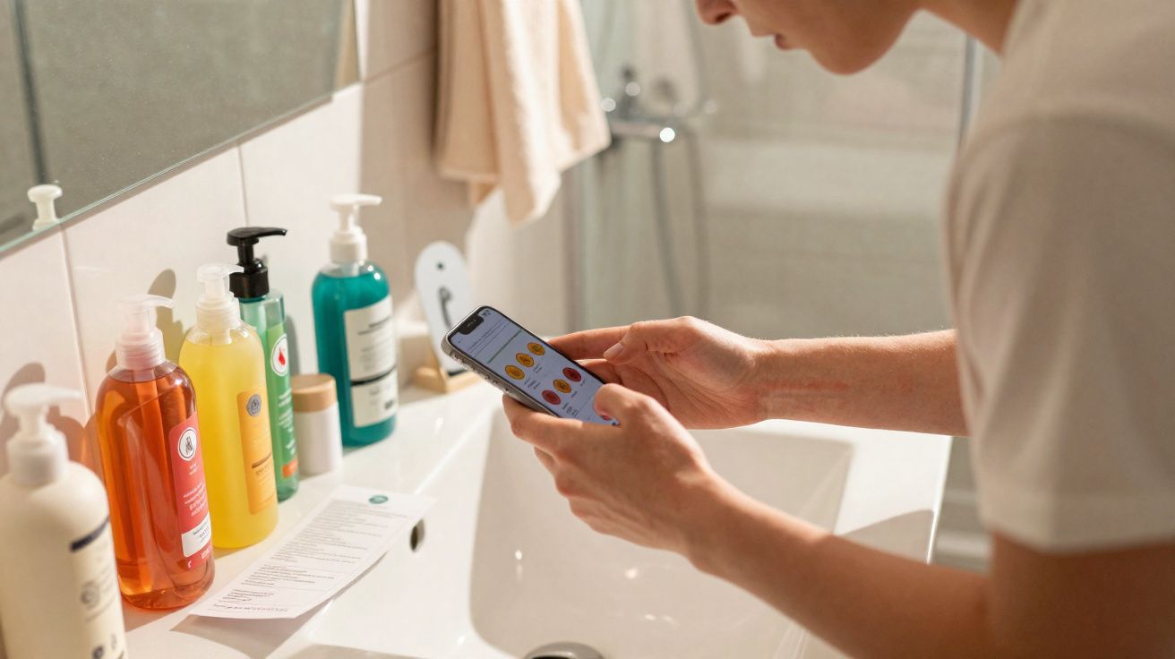 Pessoa usando smartphone em banheiro com vários frascos de produtos de higiene na pia.