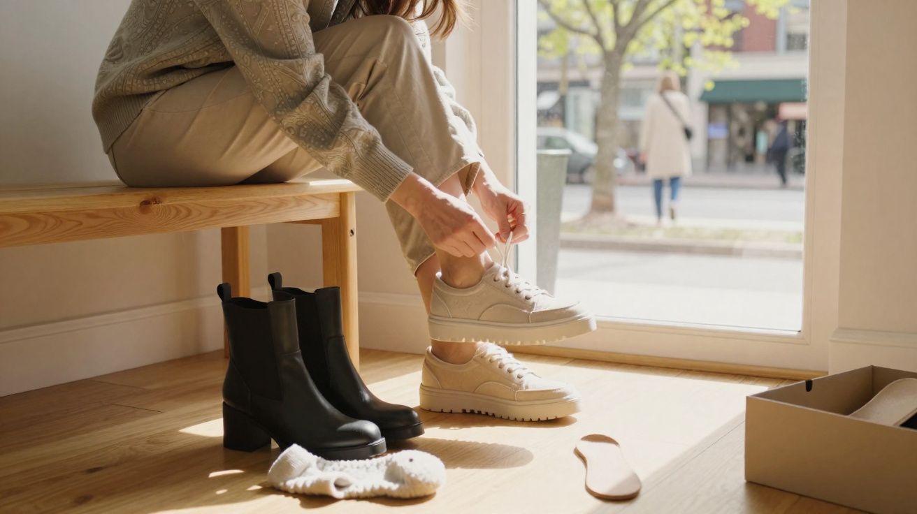 Pessoa sentada amarrando tênis branco perto da porta de vidro, com botas pretas e chinelos no chão.