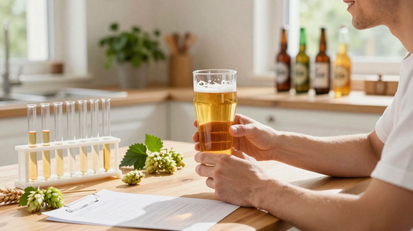 Pessoa segurando copo de cerveja ao lado de tubos de ensaio e lúpulo em bancada iluminada.
