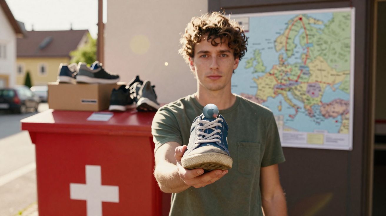 Jovem segurando tênis azul com mesa vermelha e mapa da Europa ao fundo em área residencial.