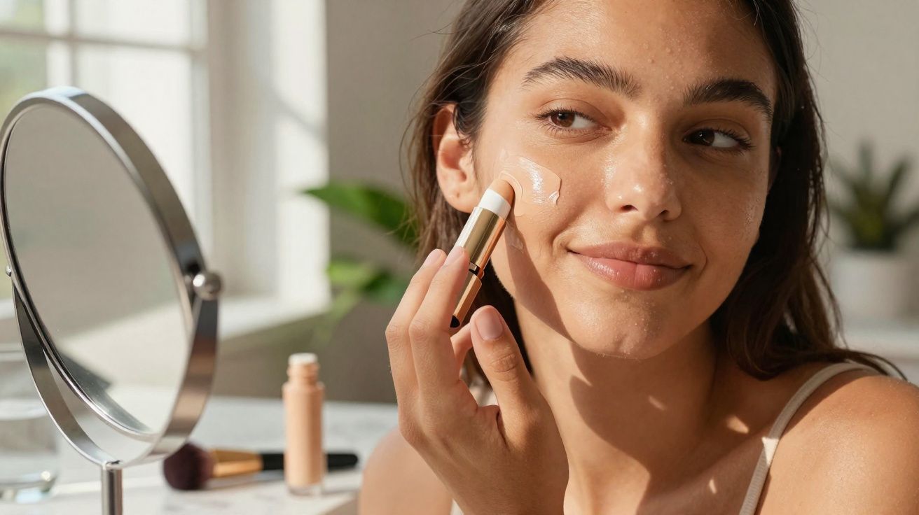 Mulher aplicando base facial com espelho em banheiro iluminado por luz natural.