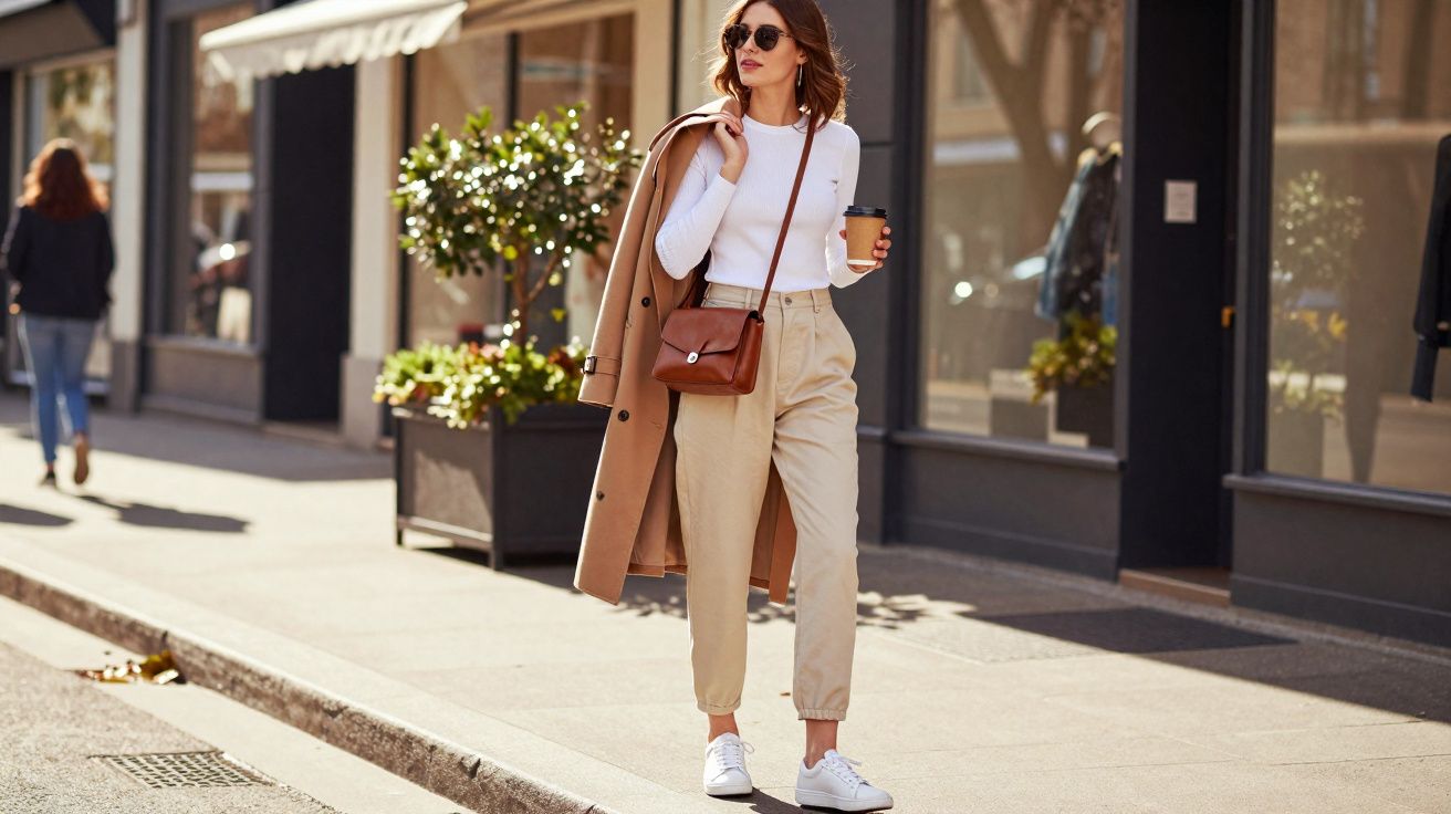 Mulher estilosa caminhando na rua com casaco bege, calça clara, camiseta branca e óculos escuros.