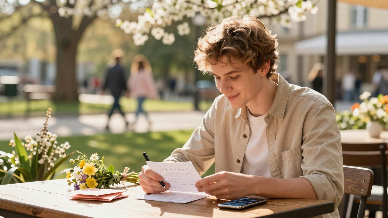 Jovem sentado ao ar livre escrevendo em cartão com flores e celular sobre mesa de madeira.
