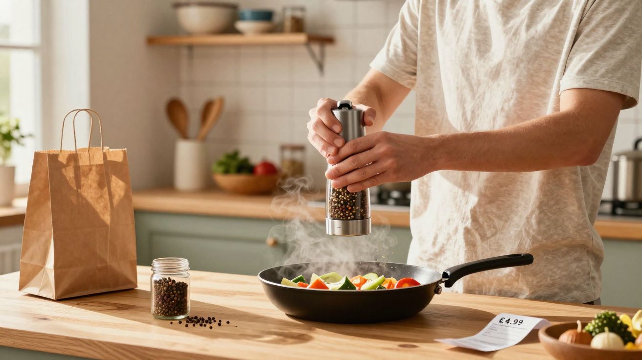 Pessoa moendo pimenta em frigideira com legumes em cozinha iluminada e armários verdes.