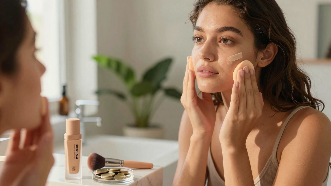 Mulher aplicando base facial com esponja em frente ao espelho no banheiro iluminado.