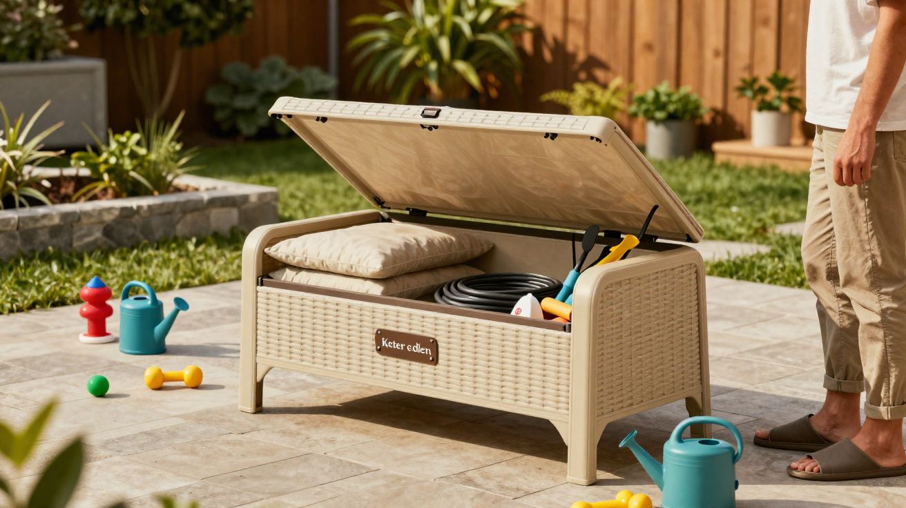 Baú de plástico bege para jardim aberto, com almofadas e ferramentas dentro, em piso externo com plantas ao fundo.