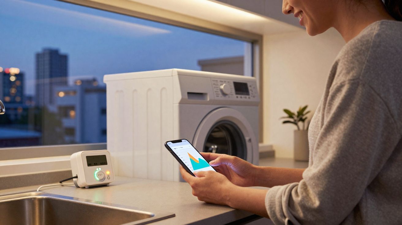 Mulher usando smartphone para monitorar consumo de energia de máquina de lavar em casa à noite.