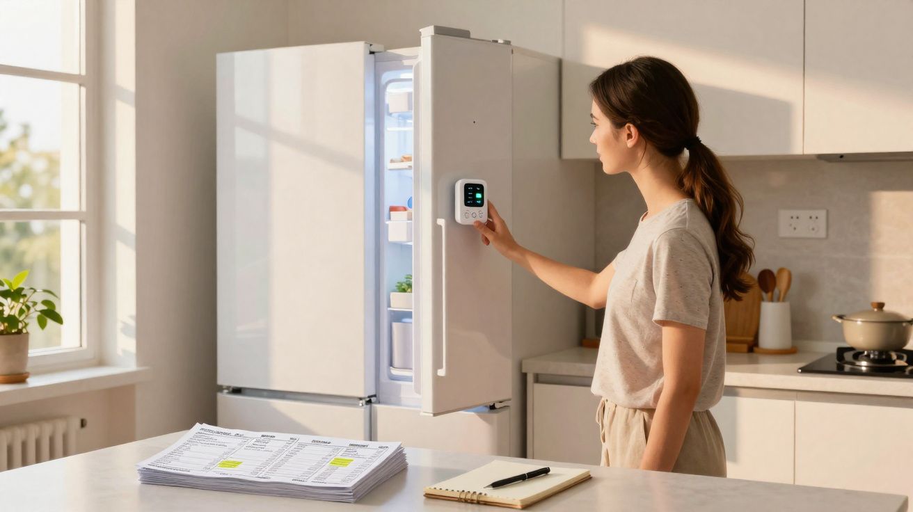 Mulher em cozinha moderna ajustando termostato digital em geladeira branca aberta, com documentos e caderno sobre bancada.