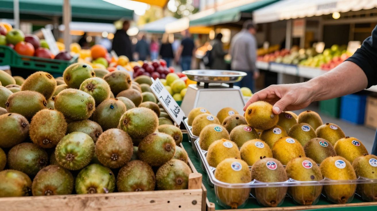 Feira com kiwis verdes em caixa de madeira e kiwis dourados em bandejas plásticas com mão escolhendo fruta.