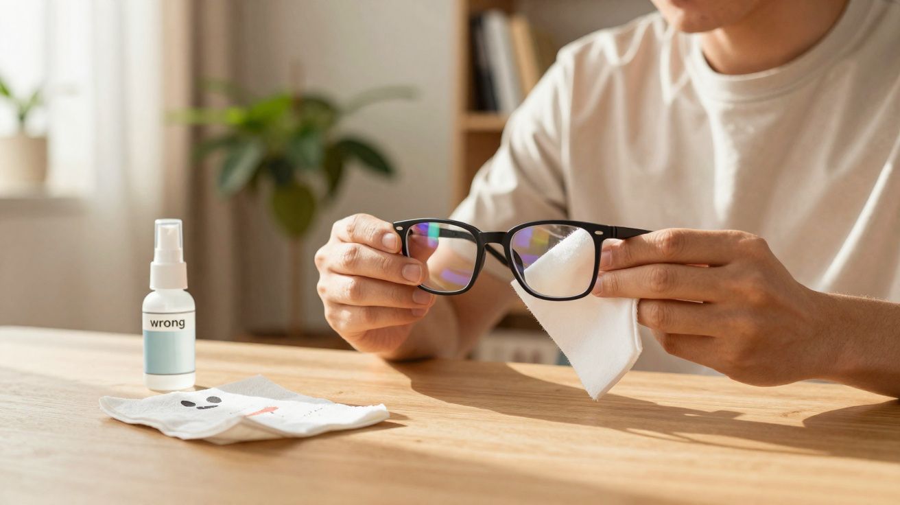 Pessoa limpando óculos de grau com pano branco em mesa de madeira com borrifador ao lado.