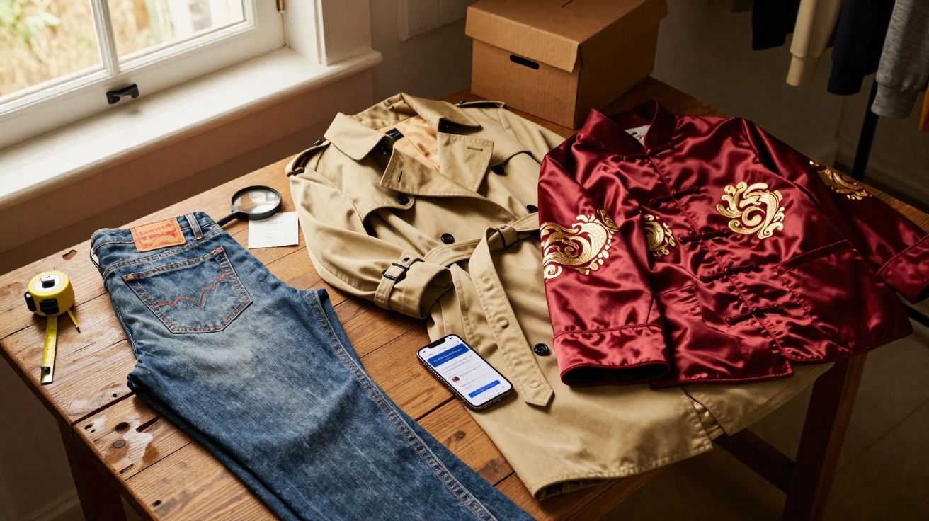 Mesa de madeira com jeans, casaco bege, jaqueta vermelha com bordados e celular ao lado de janela.