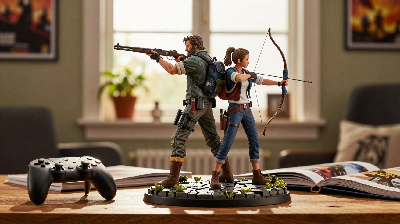 Figuras de ação de homem com rifle e mulher com arco, em base detalhada, em mesa com controle e livros.
