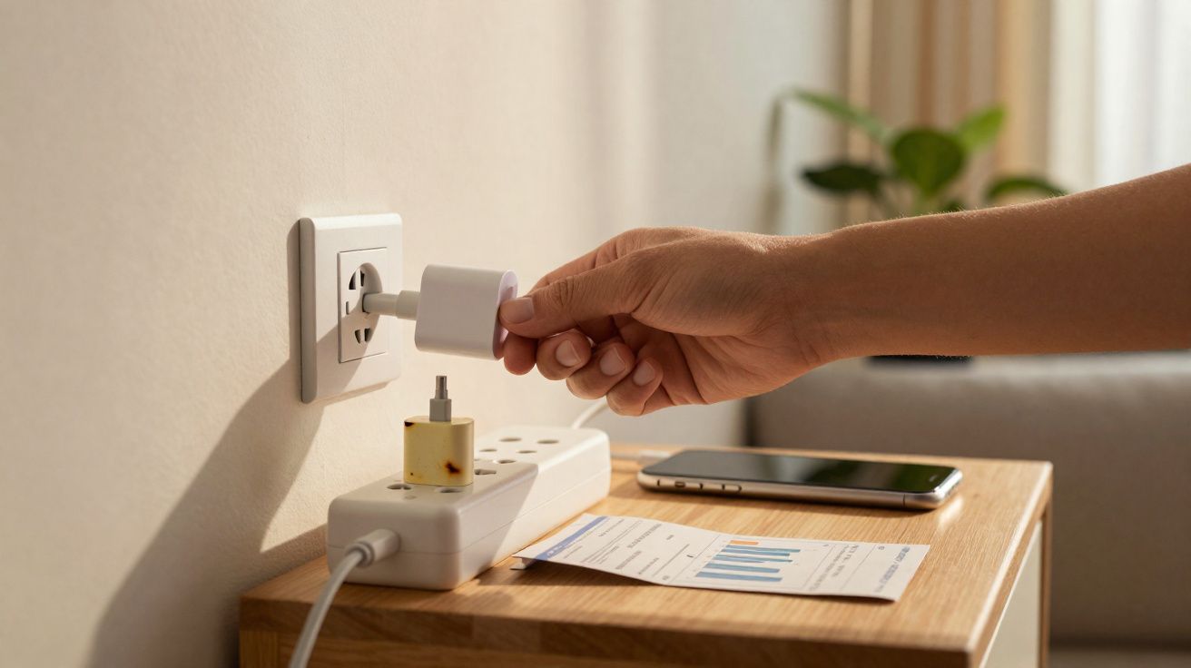 Pessoa conectando carregador em tomada próxima a uma régua de energia, celular e conta de luz sobre mesa de madeira.