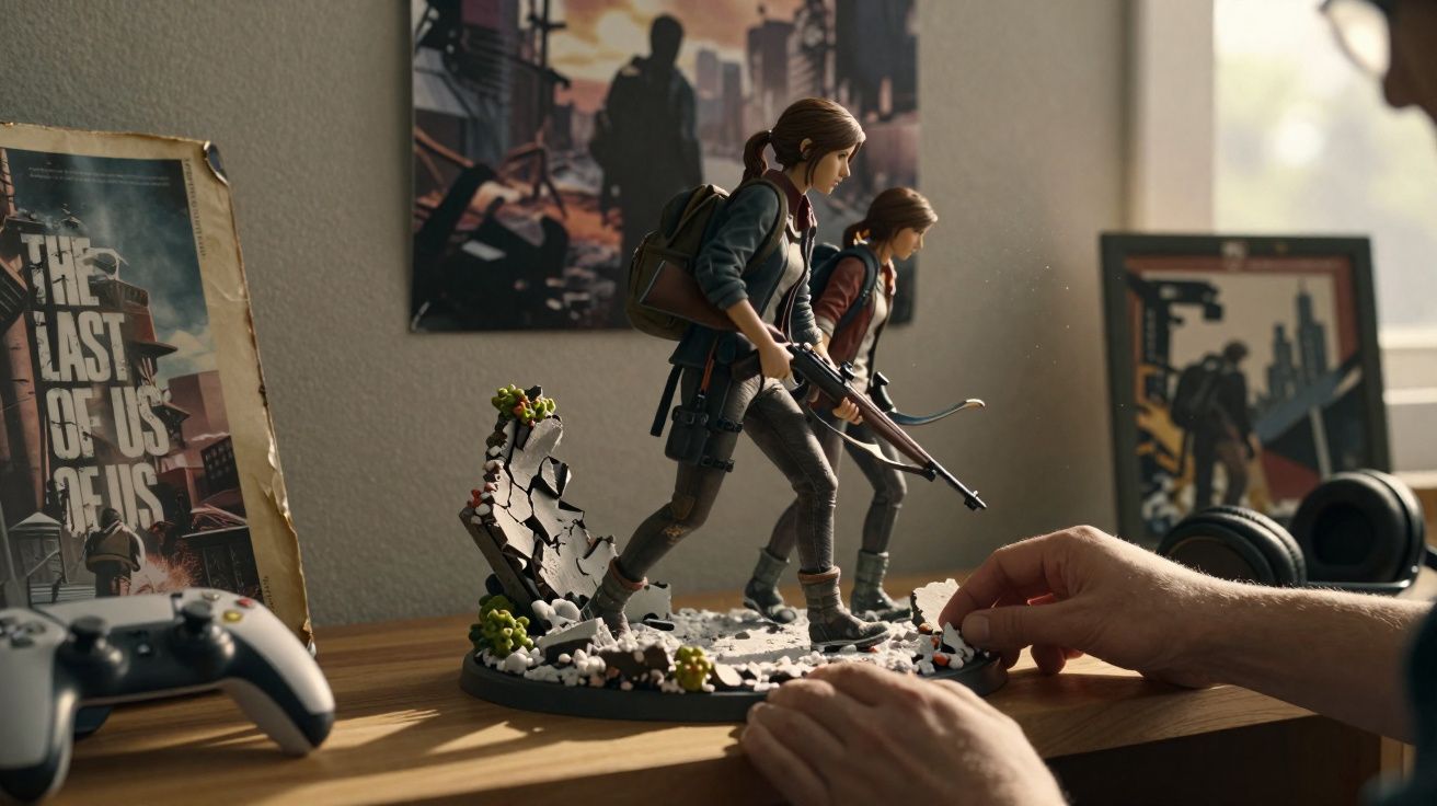 Figura colecionável de personagens com armas de The Last of Us em base detalhada, sobre mesa com controle de videogame.