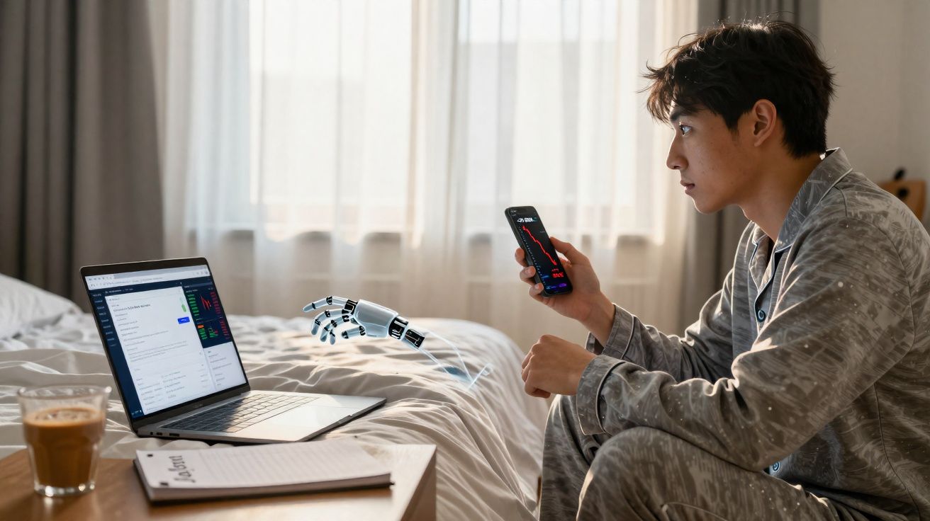 Homem em pijama sentado na cama segurando celular, com braço robótico holográfico entre laptop e ele.