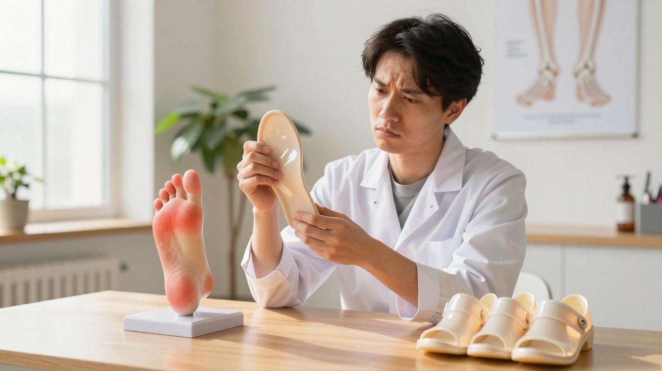 Médico examina palmilha ortopédica com modelo de pé vermelho indicando dor na planta do pé em consultório.