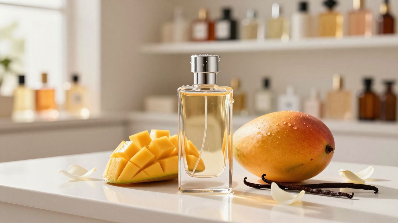 Frasco de perfume transparente com líquido amarelo ao lado de manga cortada, manga inteira e favas de baunilha.