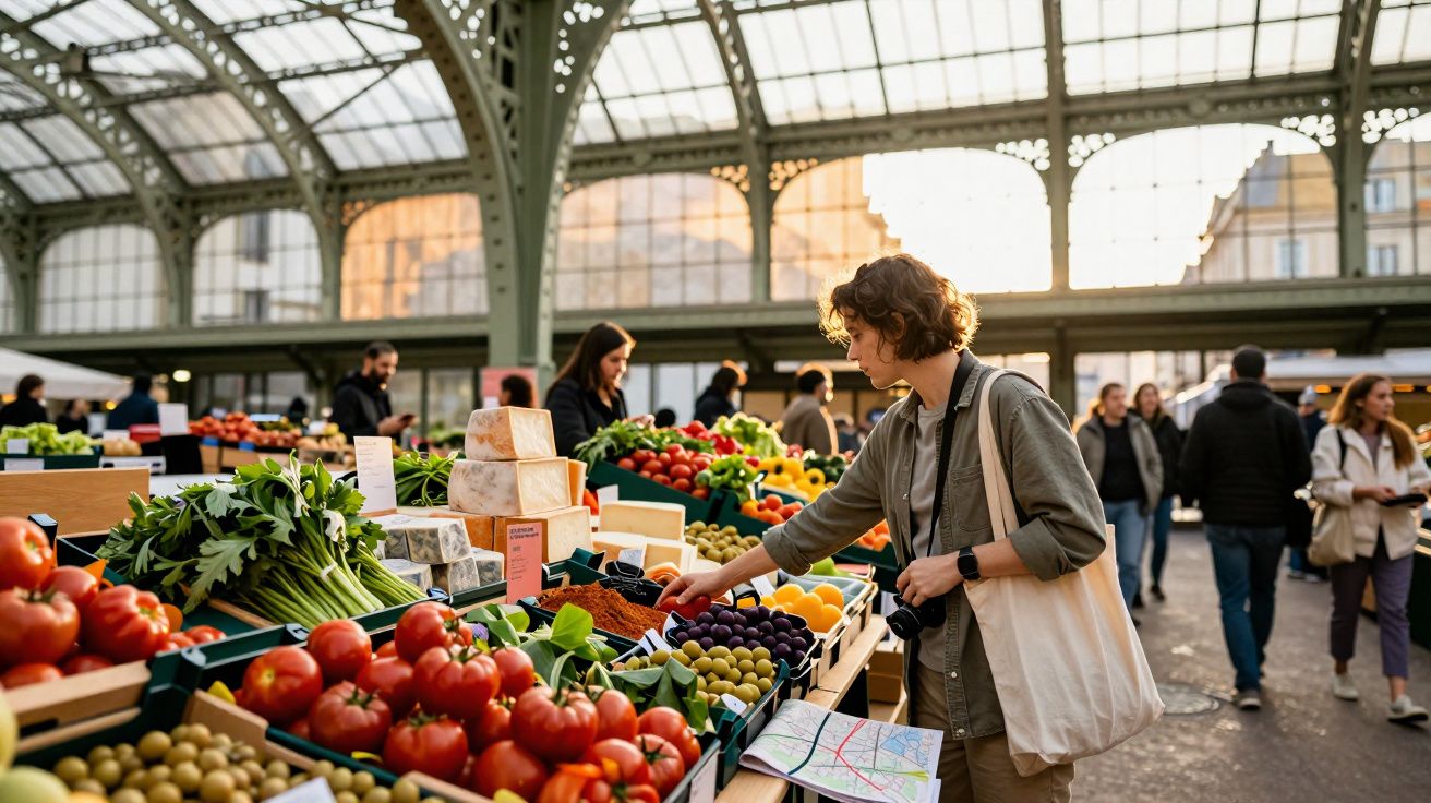 Mulher escolhe frutas em mercado coberto com bancas cheias de verduras, tomates e queijos.