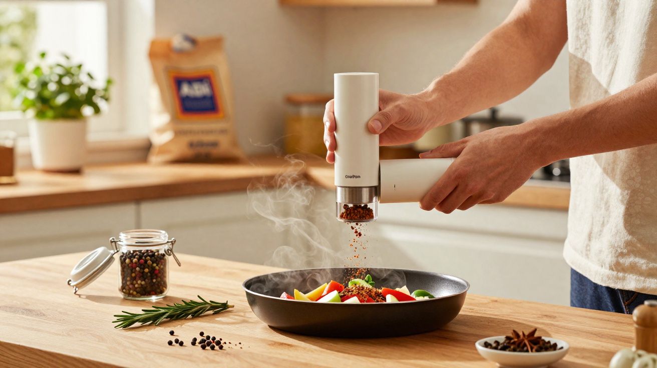 Pessoa usando moedor elétrico para temperar legumes em frigideira na cozinha moderna.