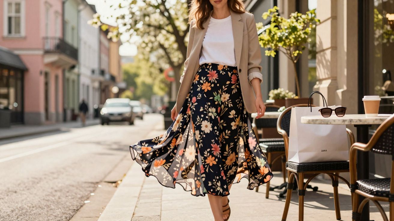 Mulher caminhando na rua com saia midi floral, camiseta branca e blazer bege em dia ensolarado.