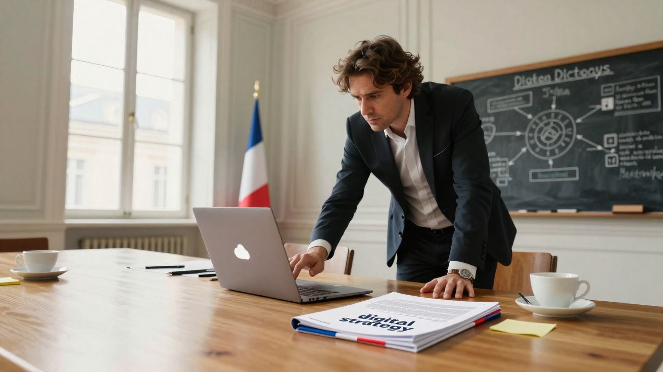 Homem em terno consultando laptop em sala com bandeira da França e quadro-negro ao fundo.