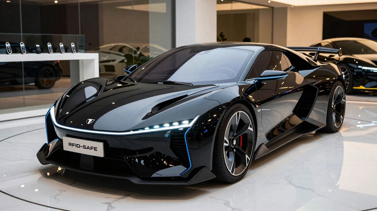 Carro esportivo preto com design futurista exposto em showroom moderno com piso branco.