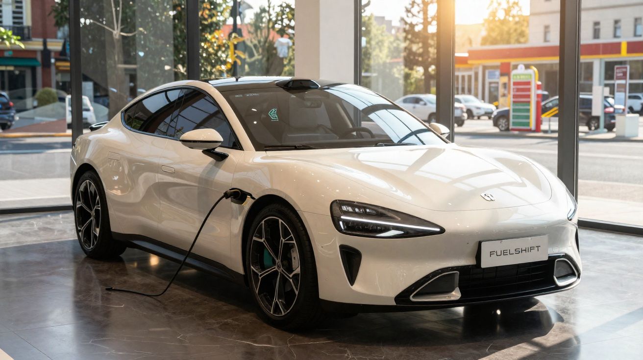 Carro elétrico branco modelo esportivo carregando bateria em showroom com grande janela e luz natural.