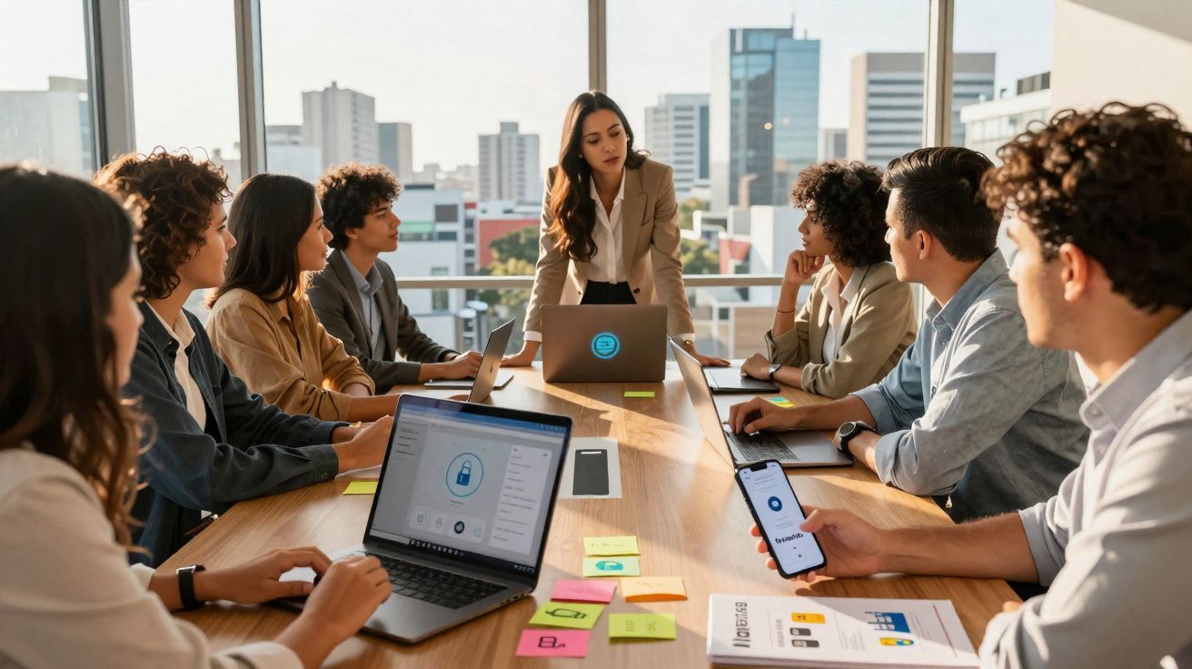 Equipe diversificada em reunião de negócios com laptops e smartphone em sala moderna com vista urbana.
