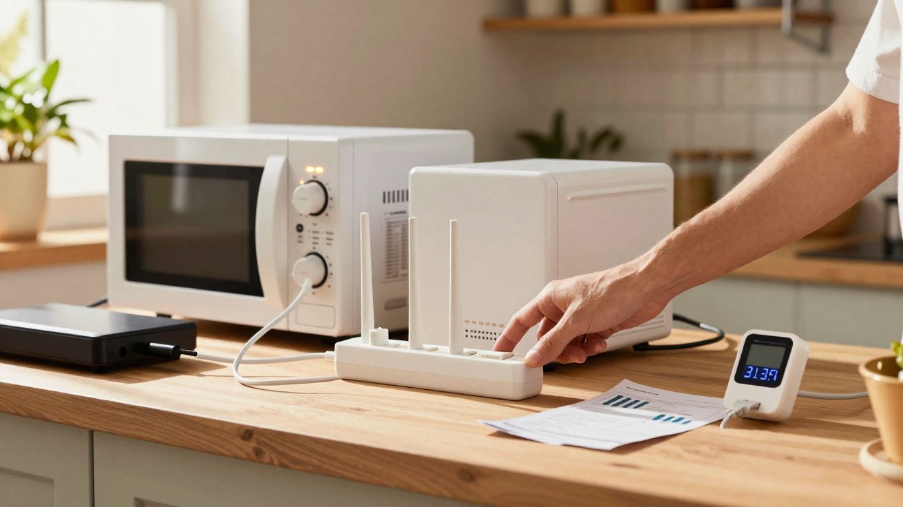 Pessoa ajusta dispositivo de medição conectado a micro-ondas e outros aparelhos sobre bancada de cozinha.