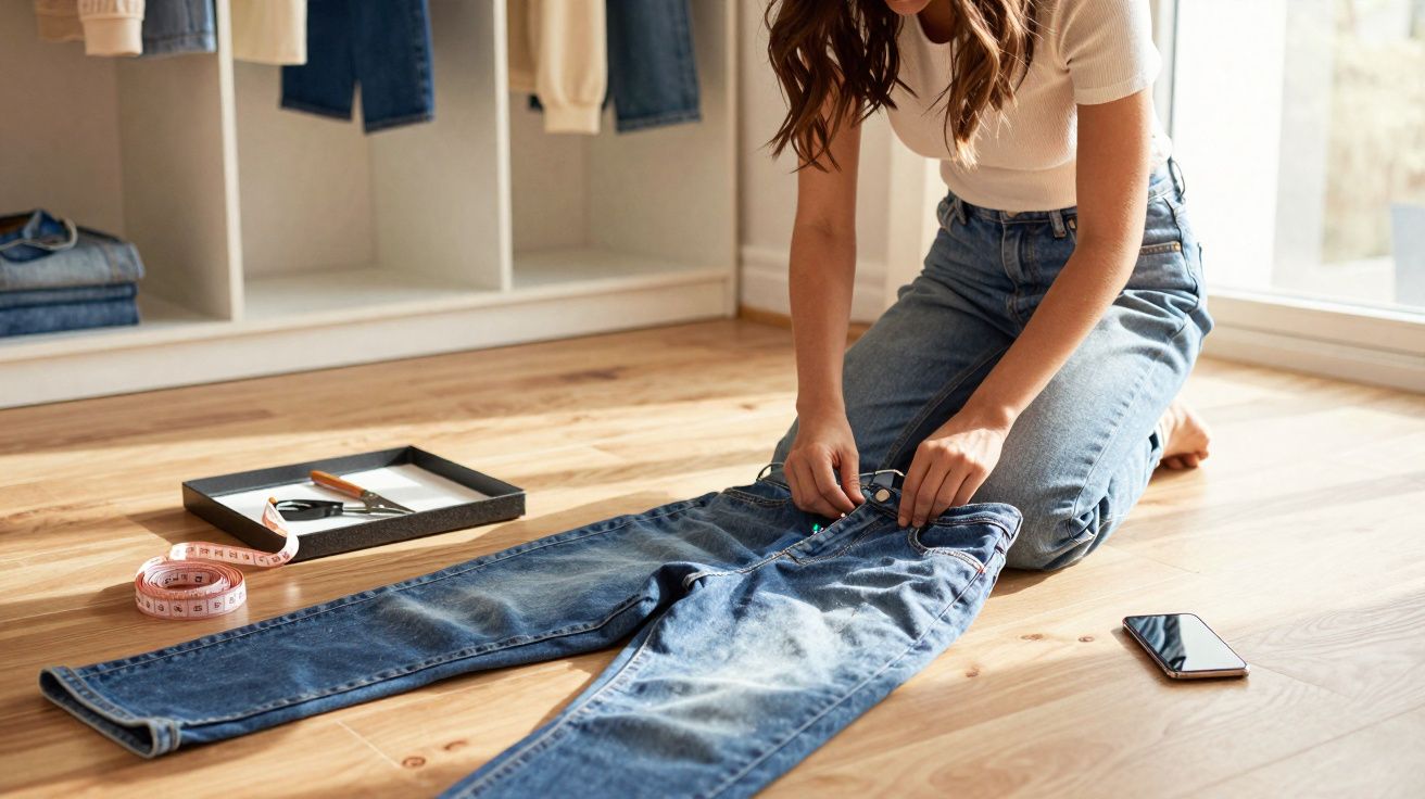 Mulher sentada no chão ajustando calça jeans com fita métrica, tesoura e celular ao lado.