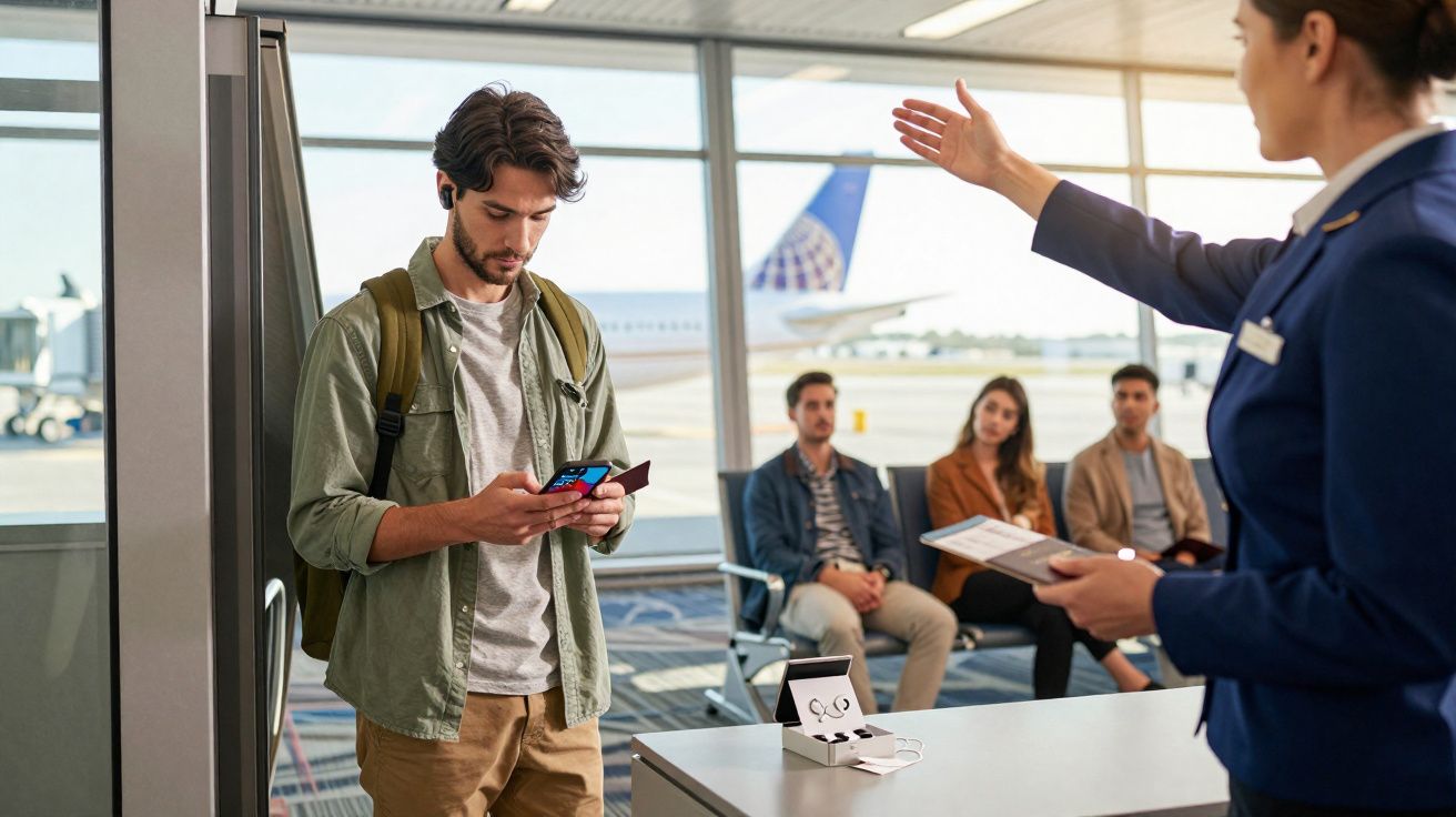 Passageiro jovem usando fones no aeroporto com atendente sinalizando e pessoas sentadas ao fundo.