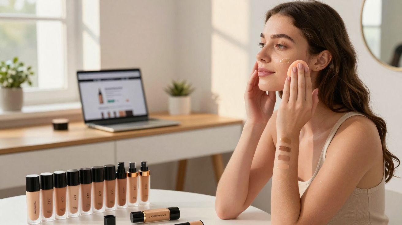 Mulher testando diferentes tons de base na pele, sentada em mesa com produtos de maquiagem e notebook ao fundo.