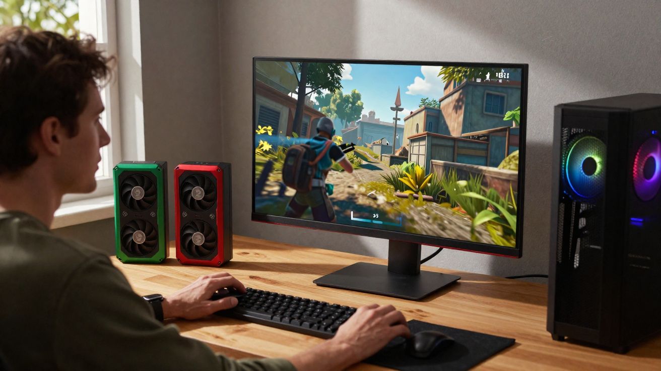 Pessoa jogando videogame de aventura em computador desktop com luzes RGB na CPU em ambiente interno.