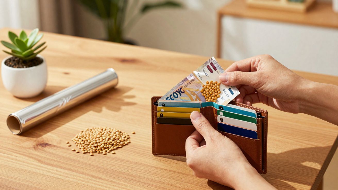 Mãos guardando embalagem de grãos de soja em carteira sobre mesa de madeira com sachê de alumínio e planta.