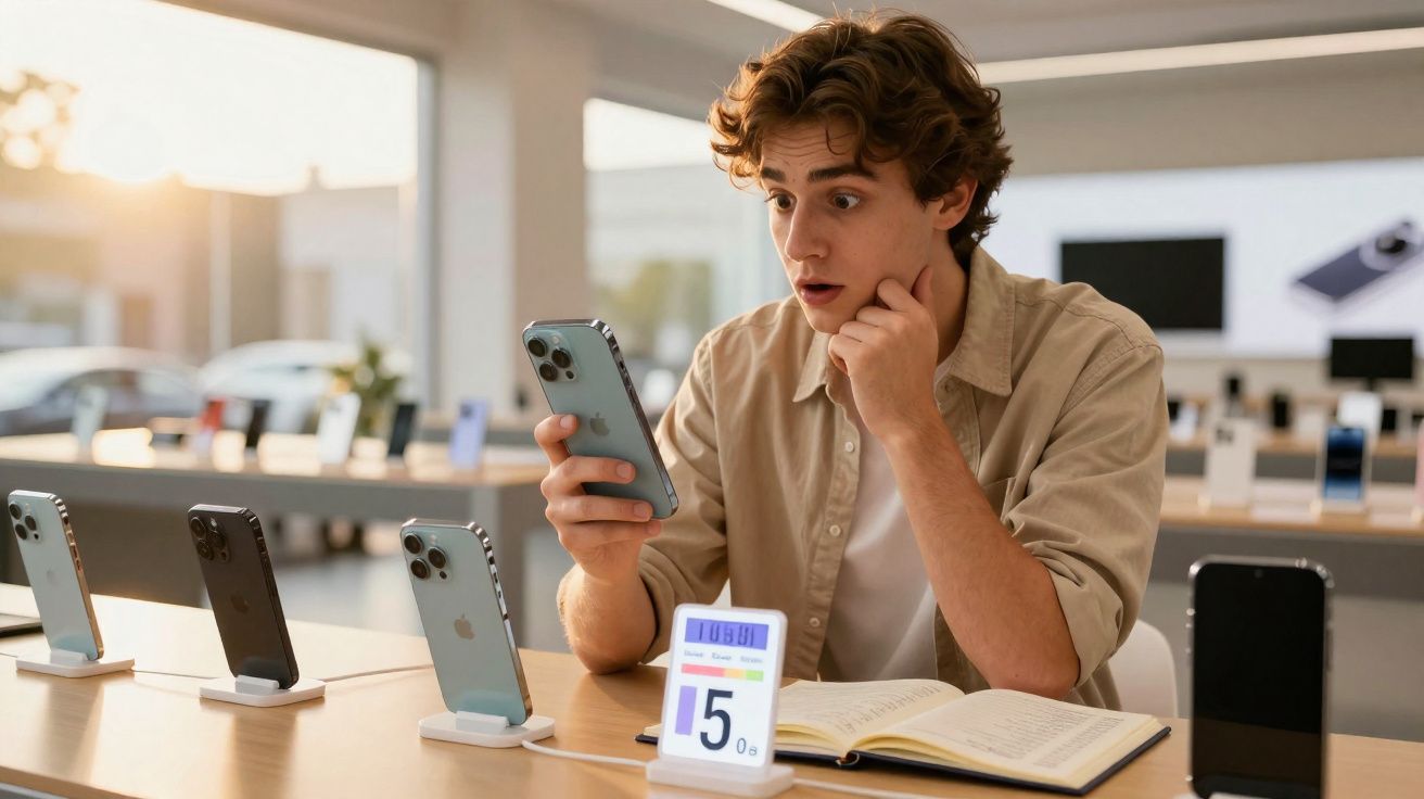 Jovem surpreso segurando celular em loja de smartphones com várias unidades expostas sobre a mesa.