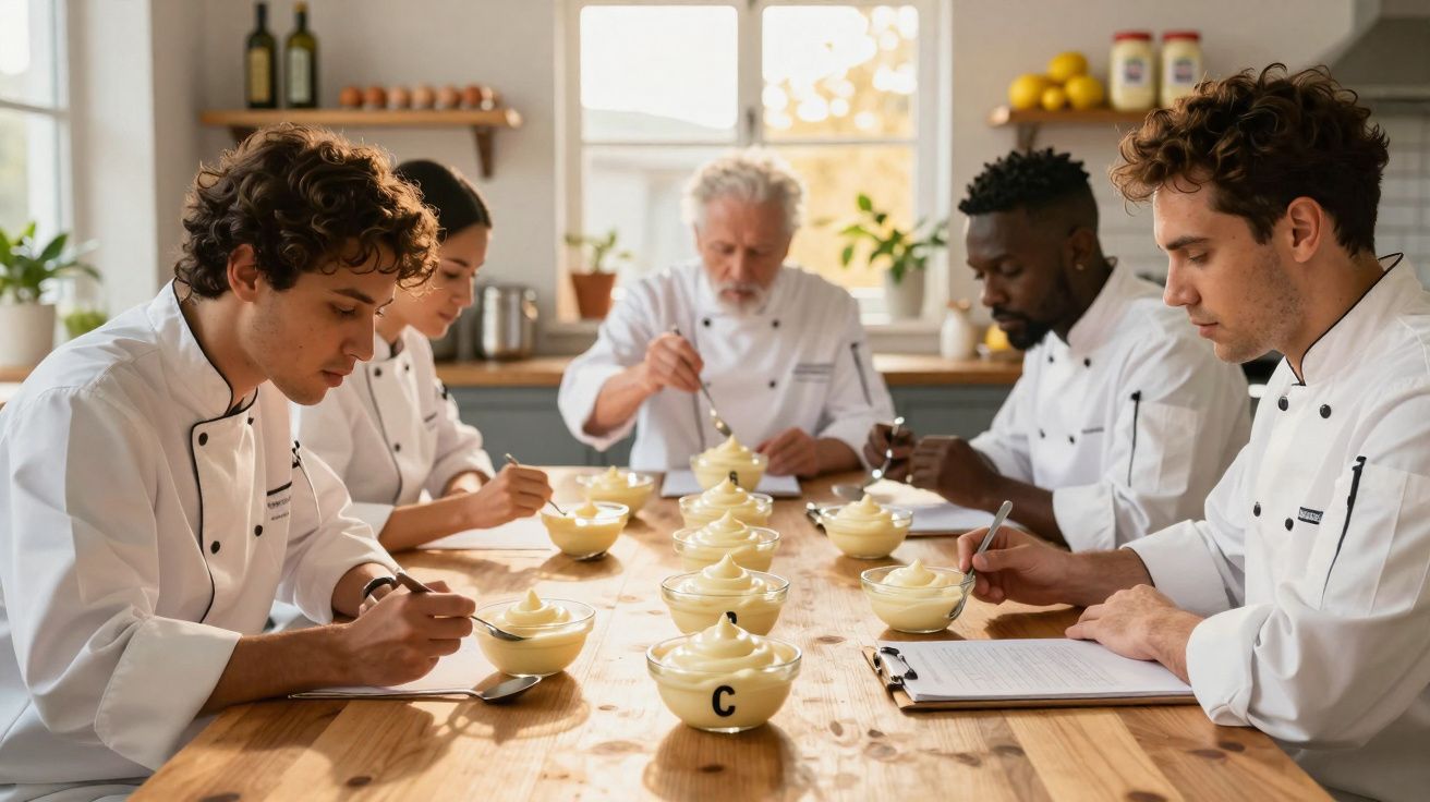 Cinco chefs provam e avaliam sobremesas brancas em um ambiente de cozinha iluminado.